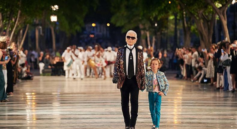 Karl Lagerfeld taking his bow after the Chanel Cruise 2016/17 show