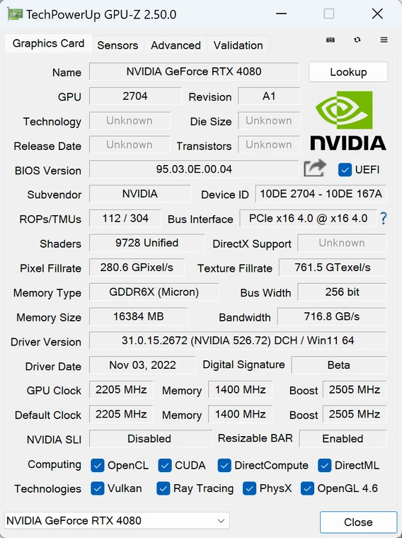 Nvidia GeForce RTX 4080 Founders Edition – GPU-Z – specyfikacja układu