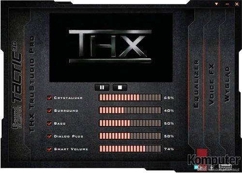 Znana z kart Sound Blaster technika THX TrueStudio PRO dostępna jest także dla posiadaczy Tactic3D Omega. Warto z niej korzystać podczas oglądania filmów, czasem w trakcie grania, ale zdecydowanie słabo sprawdzi się ona w trakcie słuchania muzyki