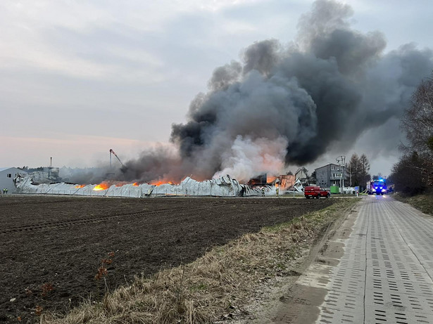Pożar hal produkcyjnych w Kaninie. W akcji uczestniczy ponad 100 strażaków