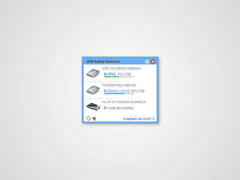 Główne okno programu do bezpiecznego usuwania sprzętu - USB Safely Remove