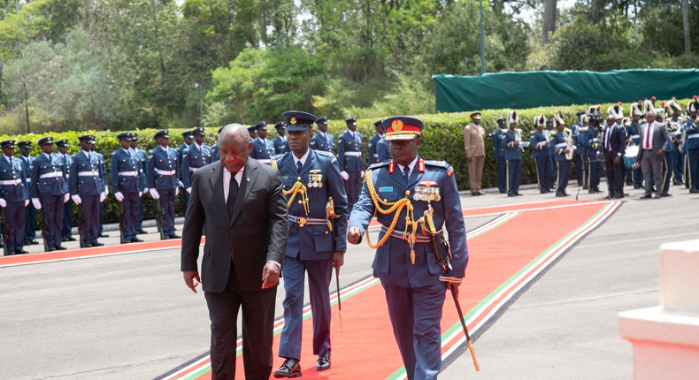 President Cyril Ramaphosa inspects a guard honour mounted in State House Nairobi