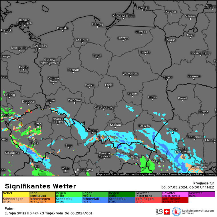 W czwartek od rana na południu może prószyć śnieg (kolor niebieski na mapie)