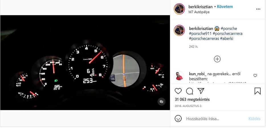 Néhány éve különös videót töltött fel a közösségi oldalára Berki, 253 km/órás sebességgel száguld „valaki” az M7-esen – ez a videó máig elérhető az interneten / Fotó: Instagram