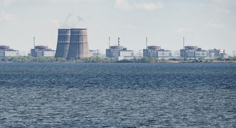 The Zaporizhzhia nuclear power plant's six nuclear reactors are shown, as seen from Nikopol, Ukraine, on April 27.