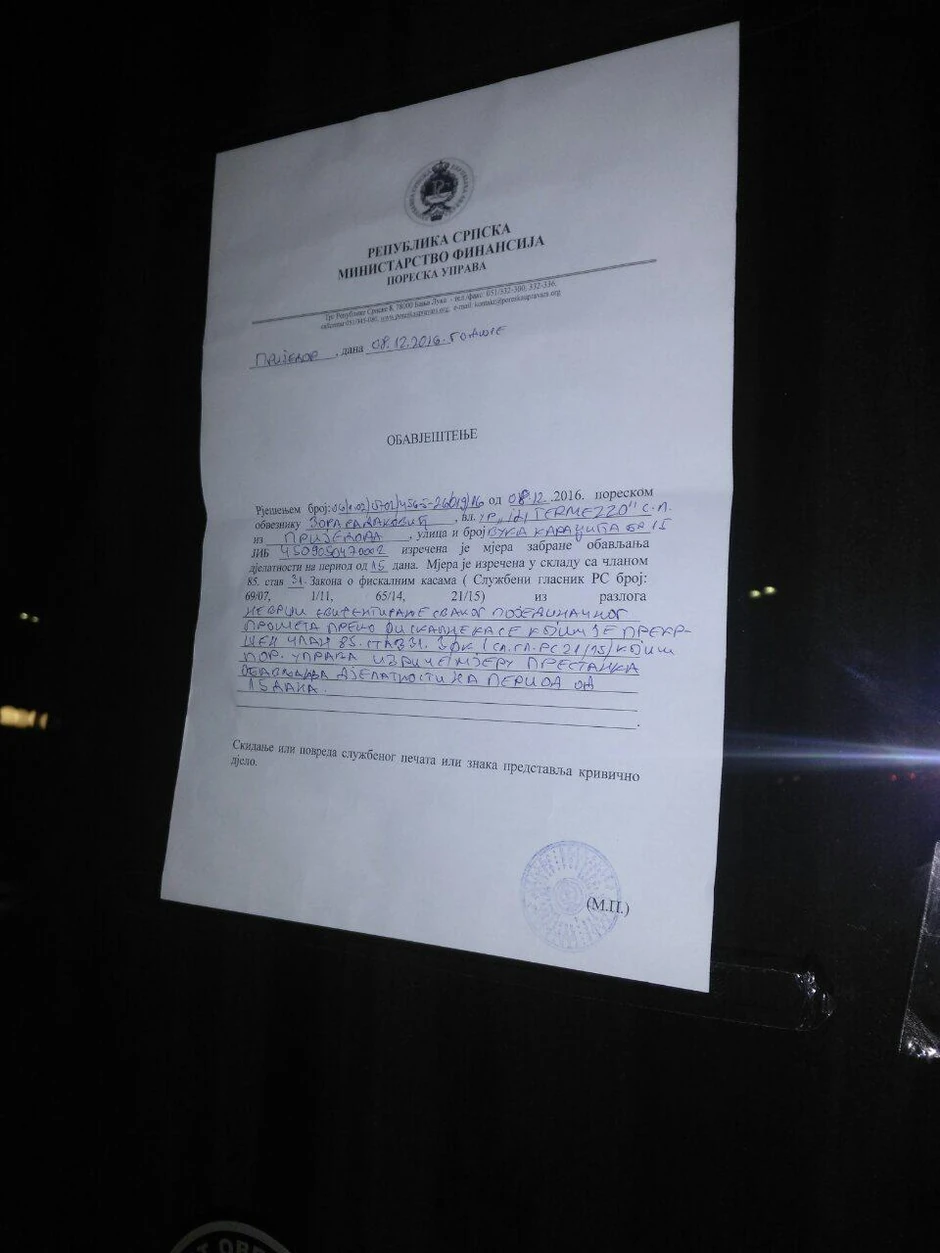 Obaveštenje Poreske uprave RS