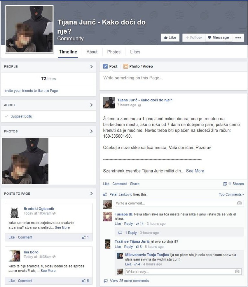 Fejsbuk grupa na kojoj su se oglasili "otmičari"