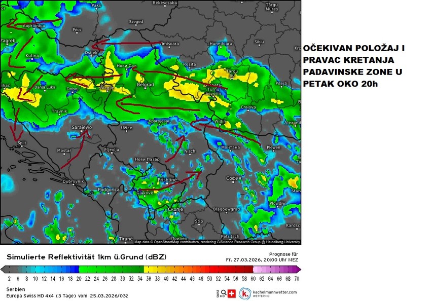 Kretanje padavina u petak oko 20 časova