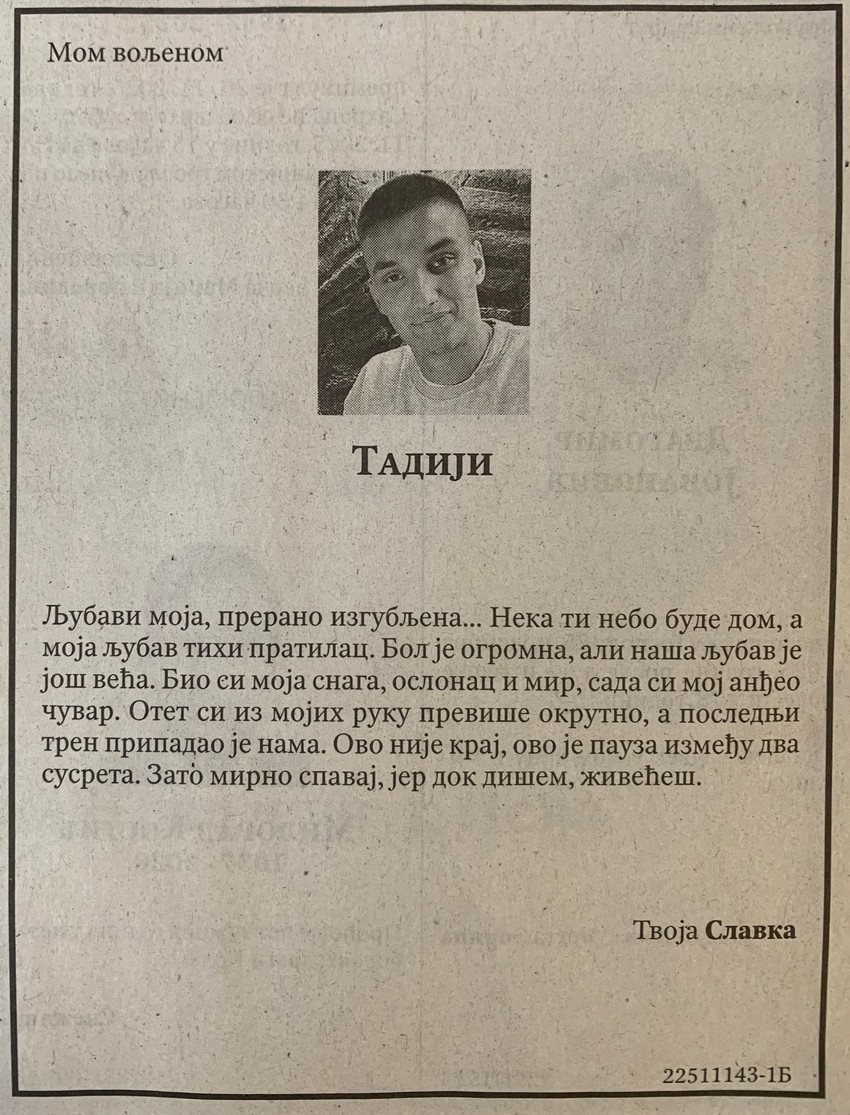 Tadija Pantić - čitulja od Slavke