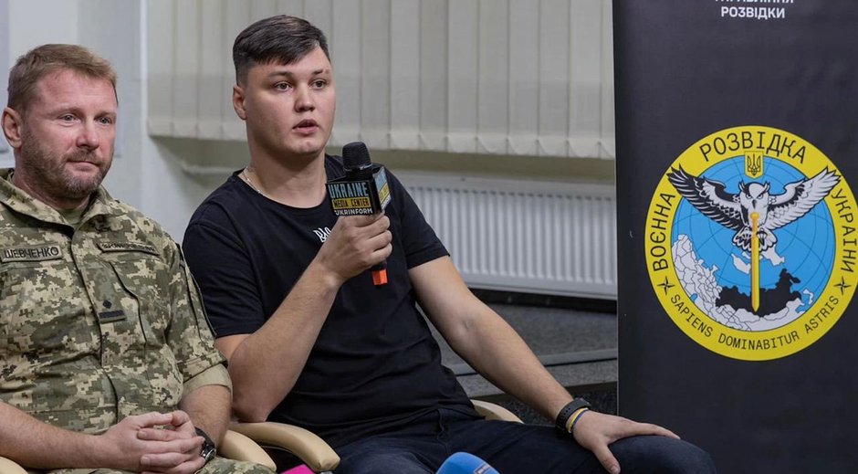 Russian helicopter pilot captain.  Maksym Kuzmin during a press conference