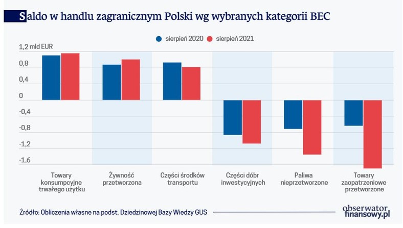 Saldo w handlu zagranicznym Polski wg wybranych kategorii BEC