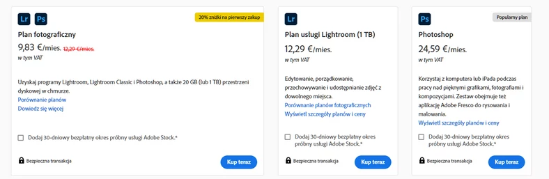 Abonament na Photoshopa droższy od abonamentu na zestaw Photoshop + Lightroom.