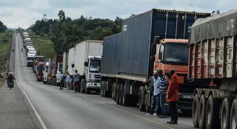 Trucks waiting clearance to enter Uganda from Malaba, at the border with Kenya. PHOTO | FILE 
