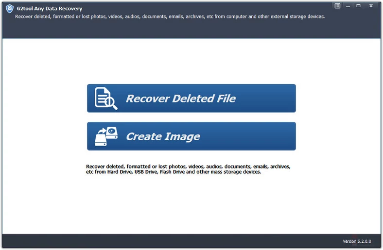 Główne okno programu do odzyskiwania usuniętych danych - G2tool Any Data Recovery