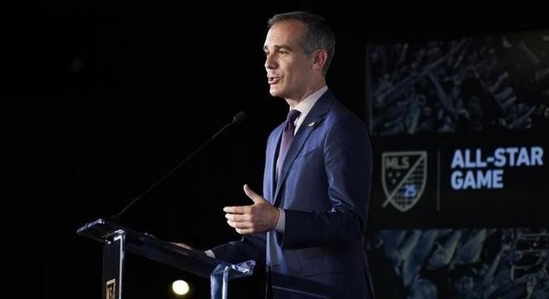 FILE PHOTO: Nov 20, 2019; Los Angeles, CA, USA; Los Angeles mayor Eric Garcetti speaks during a press conference to introduce Los Angeles as the site for the 2020 MLS All-Star game between the Liga MX all stars against the MLS all stars at Banc of California Stadium. Mandatory Credit: Kelvin Kuo-USA TODAY Sports