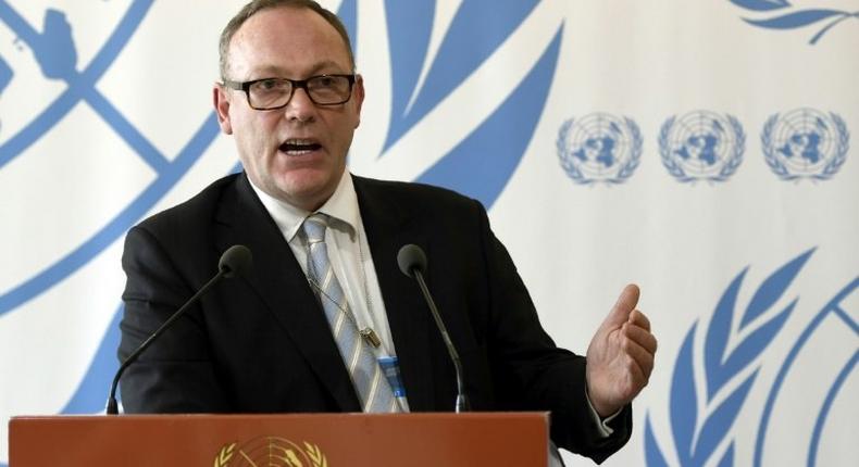 Special Rapporteur on human rights and counter-terrorism for the Office of the United Nations High Commissioner for Human Rights Ben Emmerson speaks at a press conference at the European headquarters of the United Nations in Geneva, on March 3, 2017