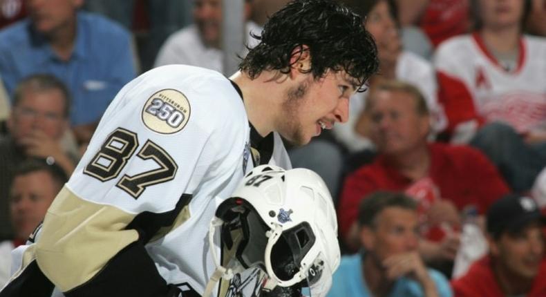 Sidney Crosby of the Pittsburgh Penguins skates towards the bench during the 2008 NHL Stanley Cup Final against the Detroit Red Wings