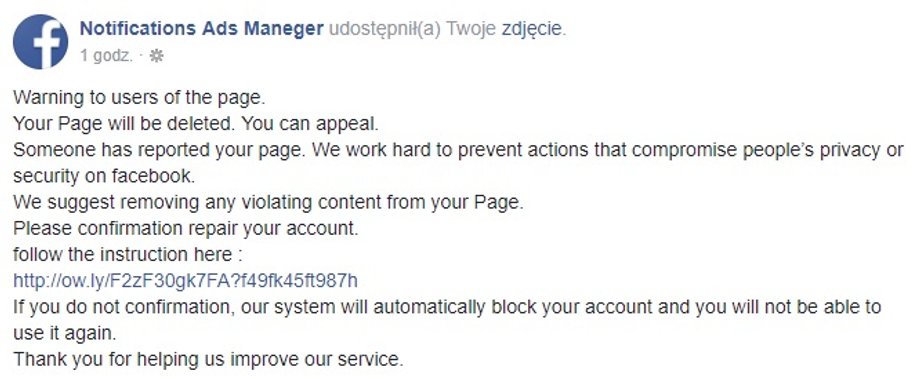 Tak wygląda wiadomość z fałszywej strony na Facebooku.