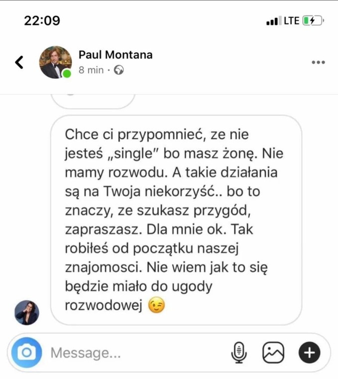 wiadomość od Ilony Felicjańskiej do Paula Montany