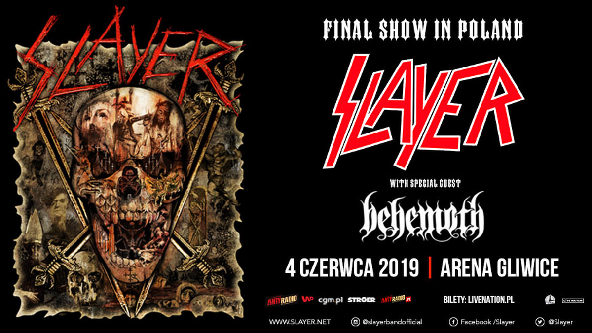 Po ponad 37 latach na scenie, 12 albumach studyjnych i trzech tysiącach zagranich koncertów, zespół Slayer kończy działalność. 4 czerwca zespół wystąpi po raz ostatni w Polsce w ramach trasy Final World Tour w Arenie Gliwice. Gościem specjalnym podczas koncertu Slayer Final Show in Poland będzie jeden z najbardziej rozpoznawalnych na świecie polskich zespołów death metalowych – Behemoth.