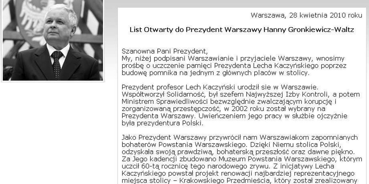 Chcą pomnika Kaczyńskiego w Warszawie
