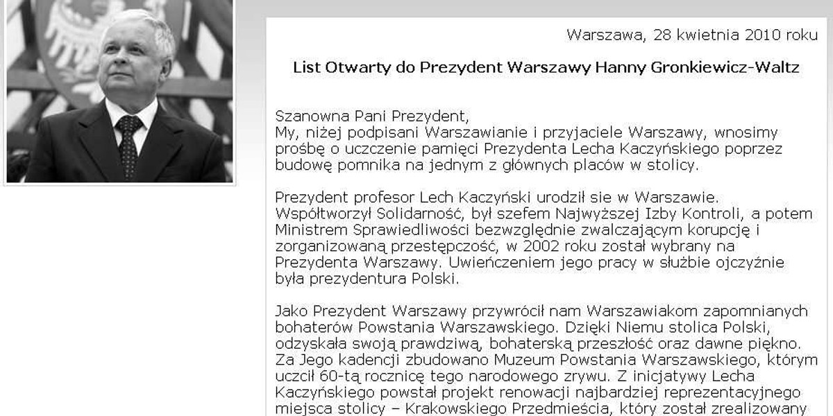 Chcą pomnika Kaczyńskiego w Warszawie