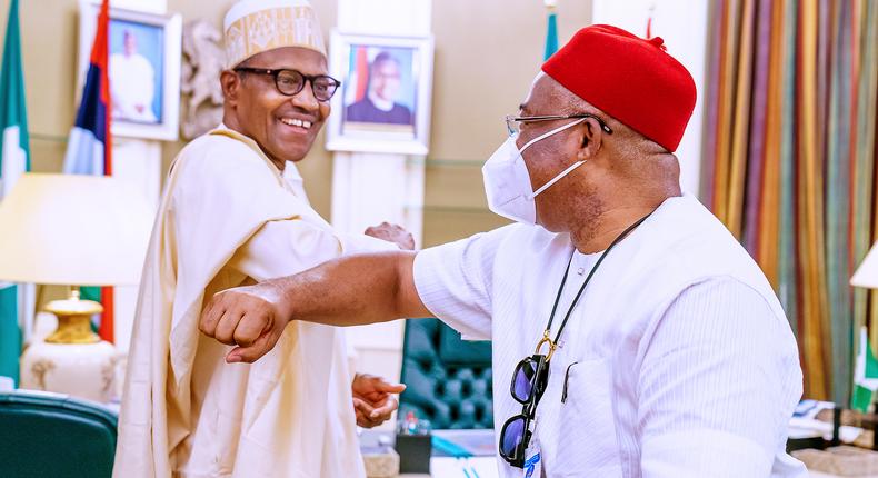 President Muhammadu Buhari meets with Governor Hope Uzodinma of Imo state. [Twitter/@NigeriaGov]