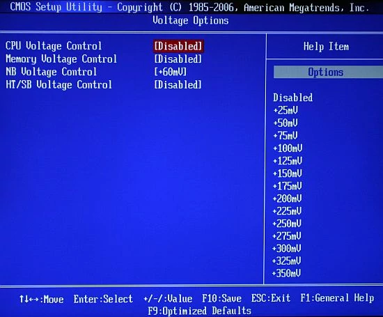 Zakładka Voltage Options