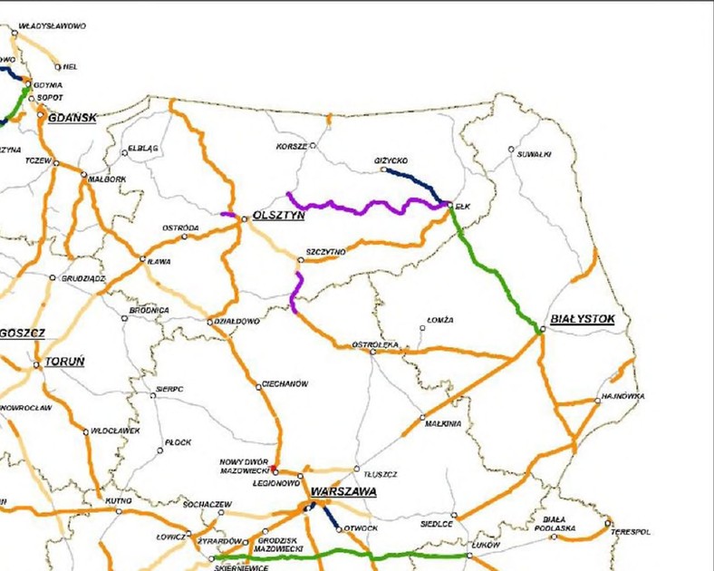 Inwestycje infrastrukturalne zawarte w Programie. Polska płn-wschodnia. Na żółto - projekty realizowane do 2013 roku; na pomarańczowo – projekty realizowane w ramach perspektywy 2014-2020. Inne kolory – perspektywa 2021-2027.  Źródło: PKP Polskie Linie Kolejowe