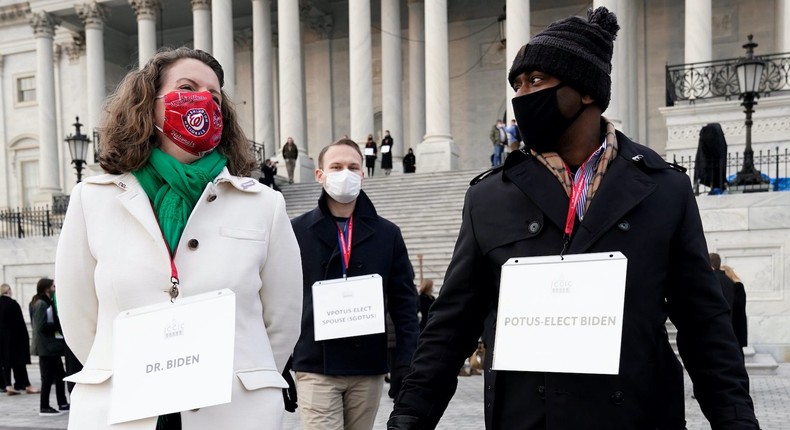 Volunteers take the places of U.S. President-elect Joe Biden and Dr. Jill Biden in an inauguration rehearsal at the Capitol, in Washington, U.S., January 15, 2021.