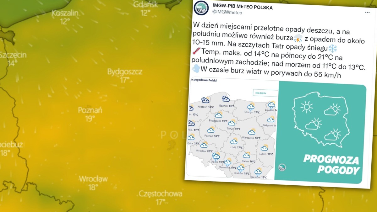 W niedzielę będzie stosunkowo ciepło. W Opolu termometry mogą wskazać do 21 st. C. Na drugim biegunie będzie Wybrzeże, gdzie maksymalnie prognozujemy 11-12 st. C. — powiedział Michał Folwarski, synoptyk IMGW-PIB. Sprawdź prognozę pogody na niedzielę.