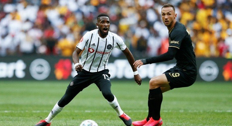 Orlando Pirates midfielder Fortune Makaringe (L) was foiled by the woodwork in a 0-0 draw against Mamelodi Sundowns when the South African Premiership resumed Tuesday.