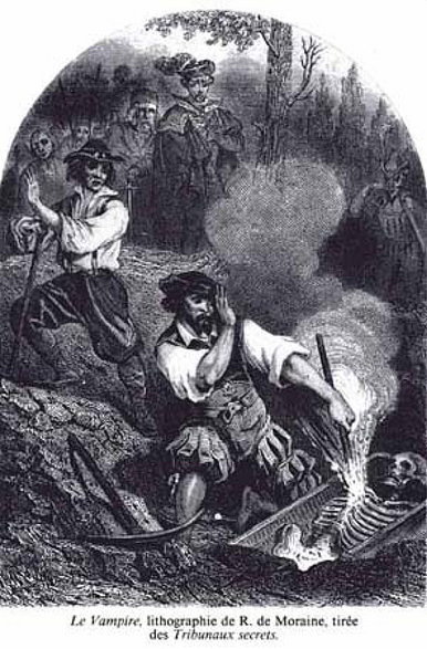 Ekshumacja i palenie zwłok osoby posądzonej o wampiryzm, litografia R.de Moraine'a (domena publiczna)