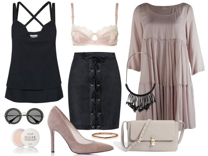 Lato w odcieniach beżu: Stylizacja nr 3:  Czarna bluzka, spódnica - Mosquito/mosquito.pl, szpilki - Gianmarko/gianmarko.com.pl, sukienka – Rabarbar/rabarbar.pl, Torebka – Boca/boca.pl, dodatki – TKMAXX