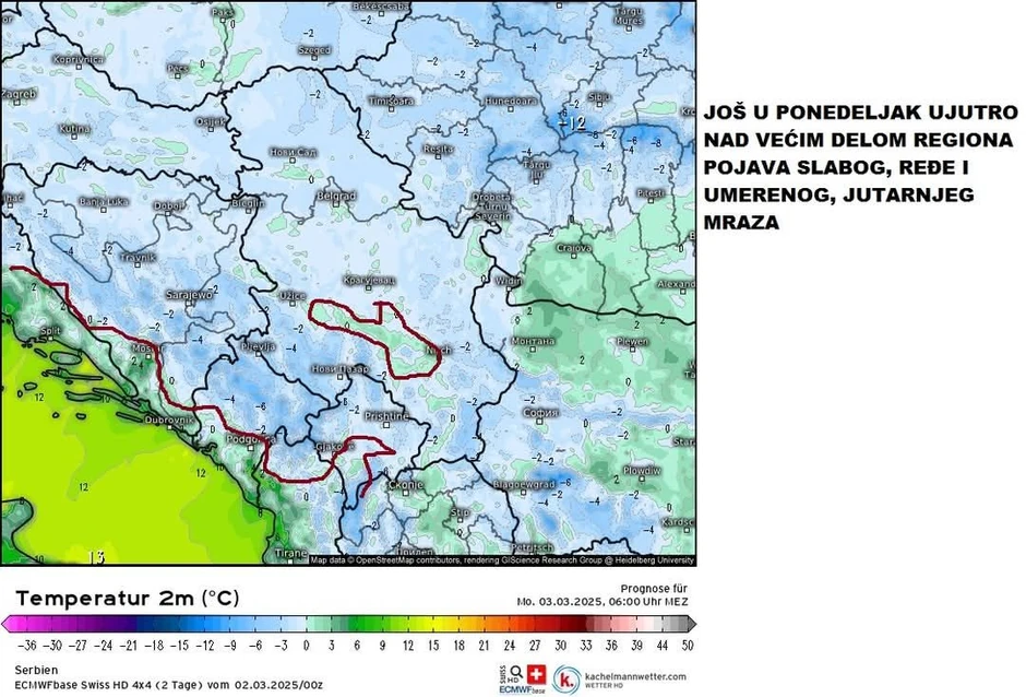 Mapa vremenske prognoze u ponedeljak 3. marta