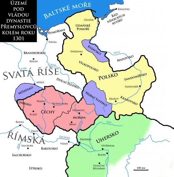 Zasięg panowania Wacława II Czerwony – królestwo Czech Żółty – Królestwo Polskie, fioletowy – ziemie lenne.