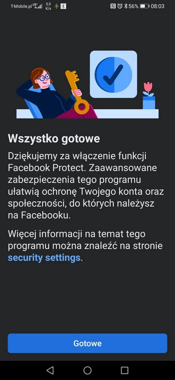 Facebook Protect - komunikat po aktywacji