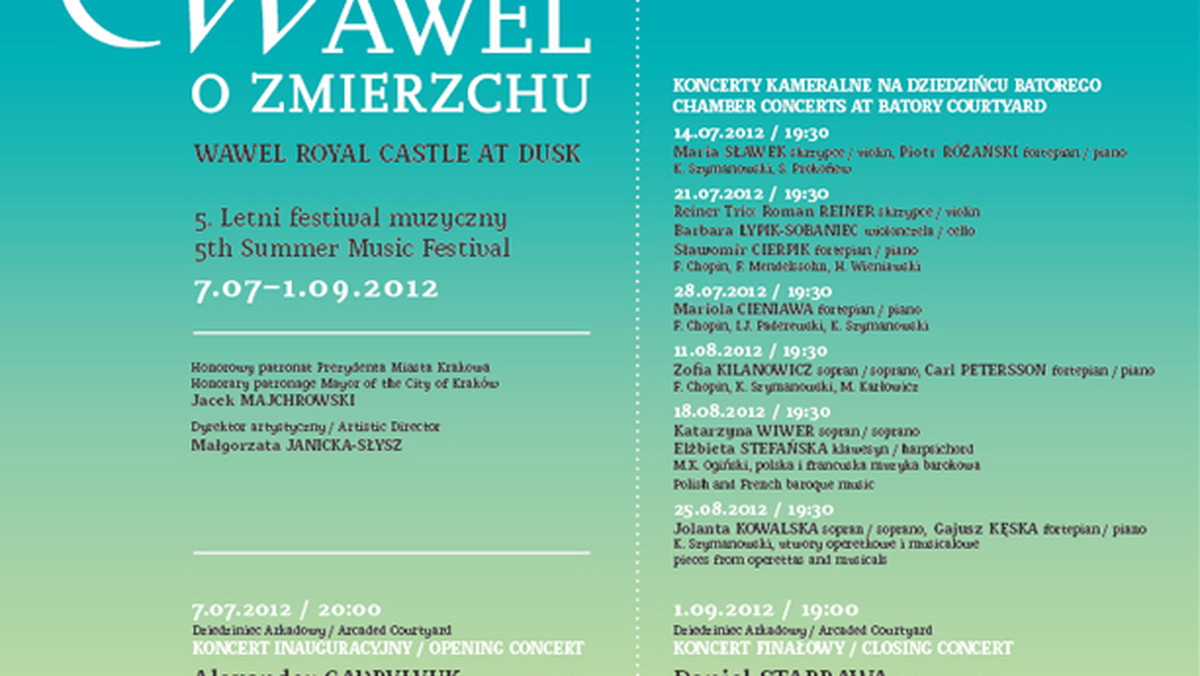 Między 7 lipca a 1 września 2012 roku w Krakowie będą odbywały się koncerty w ramach piątej, jubileuszowej edycji festiwalu Wawel o Zmierzchu. Poniżej prezentujemy program imprezy. Onet jest jednym z patronów wydarzenia.