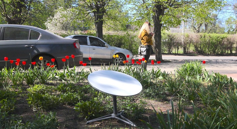 A SpaceX Starlink terminal installed on a flower bed in Vorzel, Ukraine.