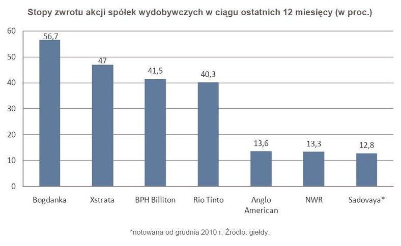 Stopy zwrotu akcji spółek wydobywczych w ciągu ostatnich 12 miesięcy