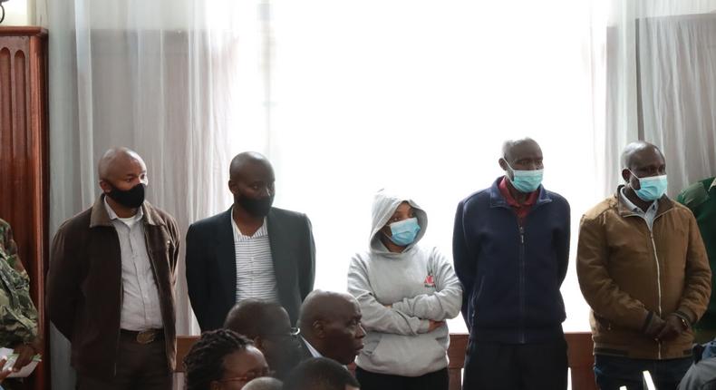 From left Peter Ngugi, Leonard Mwangi, Sylvia Wanjiku Wanjohi, Stephen Cheburet Morogo and Fredrick  Leilman during the ruling on the murder of lawyer Willie Kimani