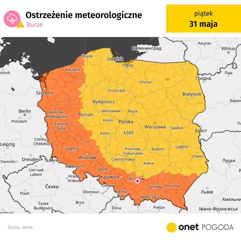 Dla zachodniej i południowej Polski zostały wydane pomarańczowe alerty IMGW