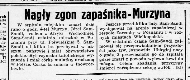 „Kurier Poznański z 29 kwietnia 1937 r.,  informujący o śmierci Kameruńczyka