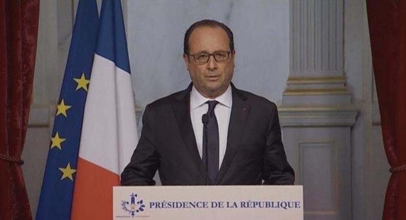 French President Francois Hollande makes a statement on television following attacks in Paris, France, in this still image taken from video on November 13, 2015.   REUTERS/Reuters TV/Pool