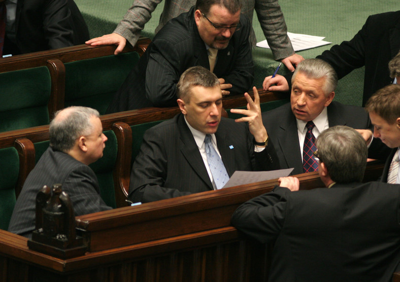 Jarosław Kaczyński, Roman Giertych i Andrzej Lepper w Sejmie, 7.03.2007 r.