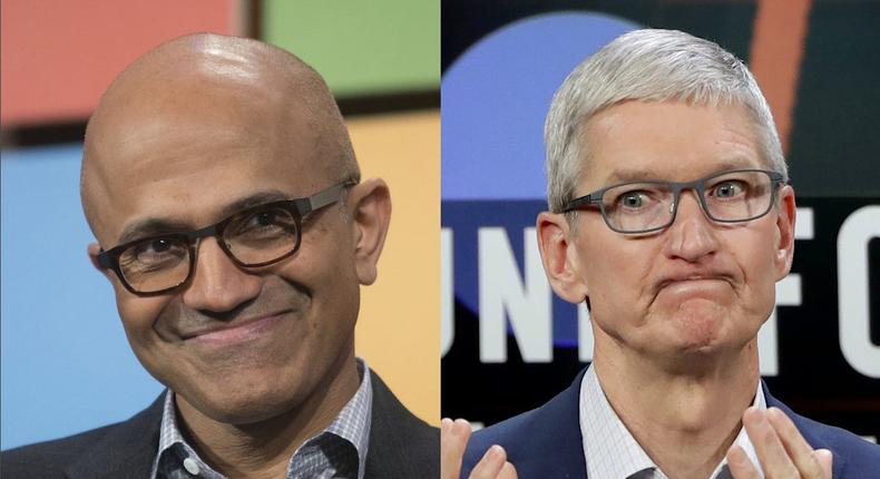 Microsoft CEO Satya Nadella, left, and Apple CEO Tim Cook. Some iPhone users will be able to send iMessages from Microsoft PCs.Stephen Brashear/Getty Images, AP