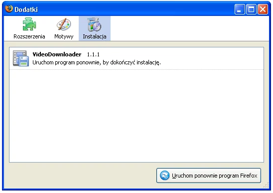 Kiedy przeglądarka pobierze wtyczkę, należy kliknąć przycisk "Uruchom ponownie program Firefox", by VideoDownloader został wprowadzony do dodatków Firefoksa.