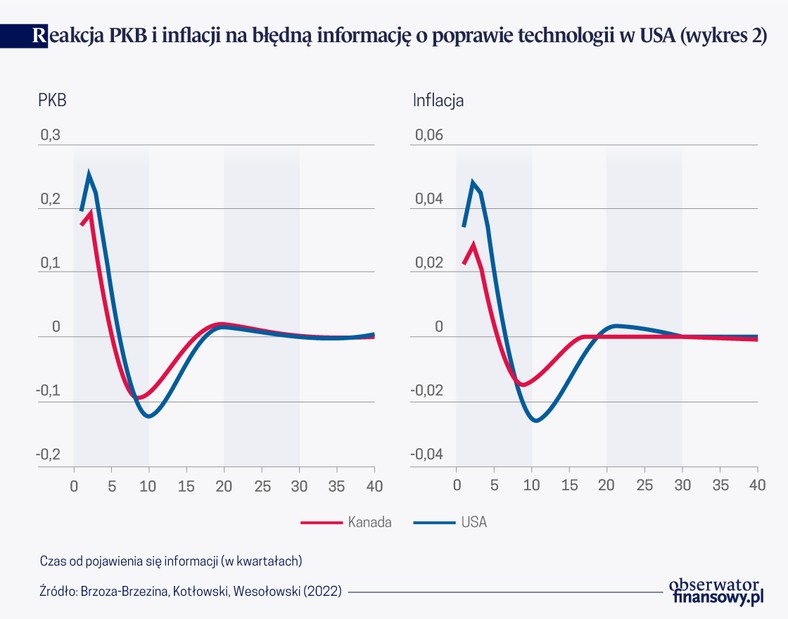 Reakcja PKB i inflacji na błędną informację o poprawie technologii w Stanach Zjednoczonych