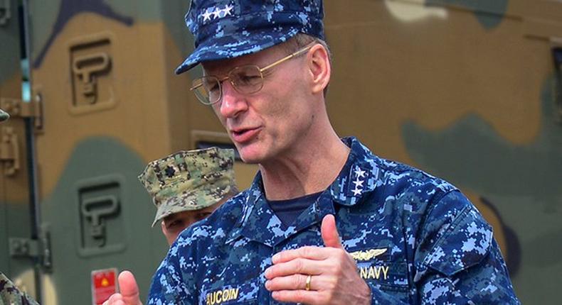 Vice Adm. Joseph Aucoin, commander, US Naval 7th Fleet, speaks with sailors in Busan, South Korea.