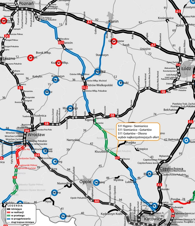 Mapa — droga S11 Kępno — Olesno